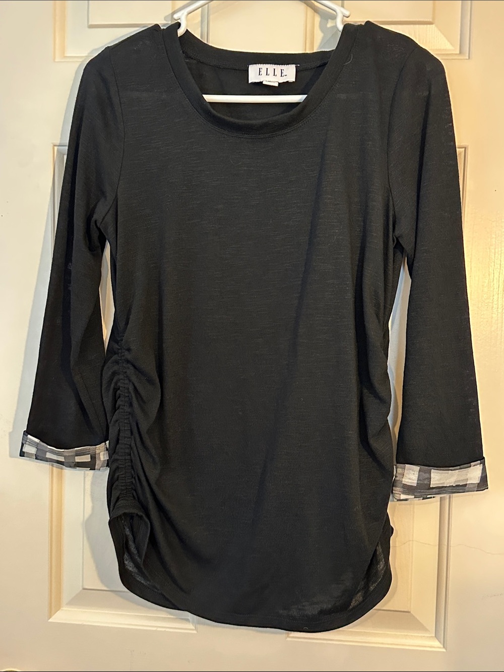 ELLE Black Long Sleeve Top with Ruched Side and Plaid Cuff size S